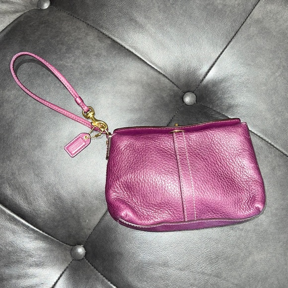 Coach Plum Leather Wristlet with Contrast Stitching & Gold Hardware - Picture 1 of 5